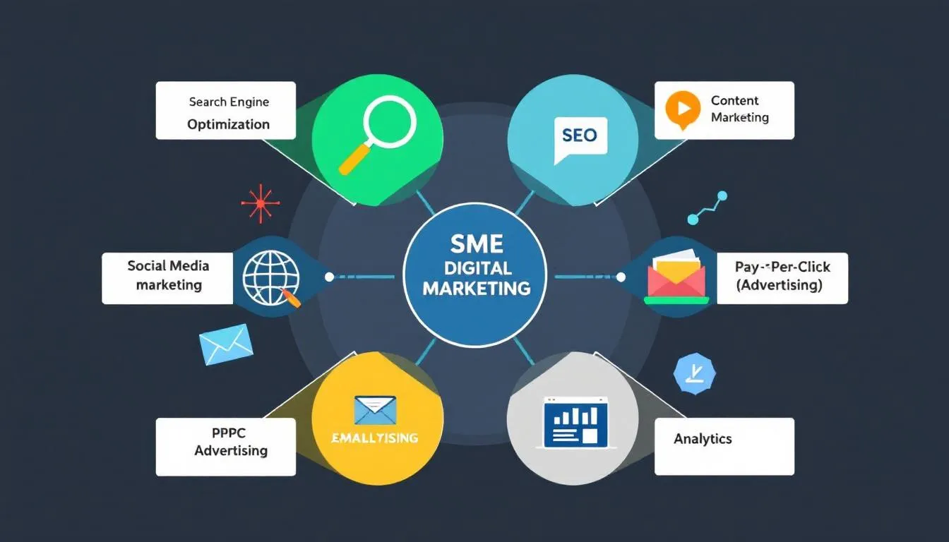 The image illustrates the core components of SME digital marketing, highlighting various strategies and tactics such as social media platforms, search engine optimisation, and content marketing. It emphasizes the importance of targeting the right audience and utilizing digital channels to drive business growth and generate leads for small and medium-sized enterprises.