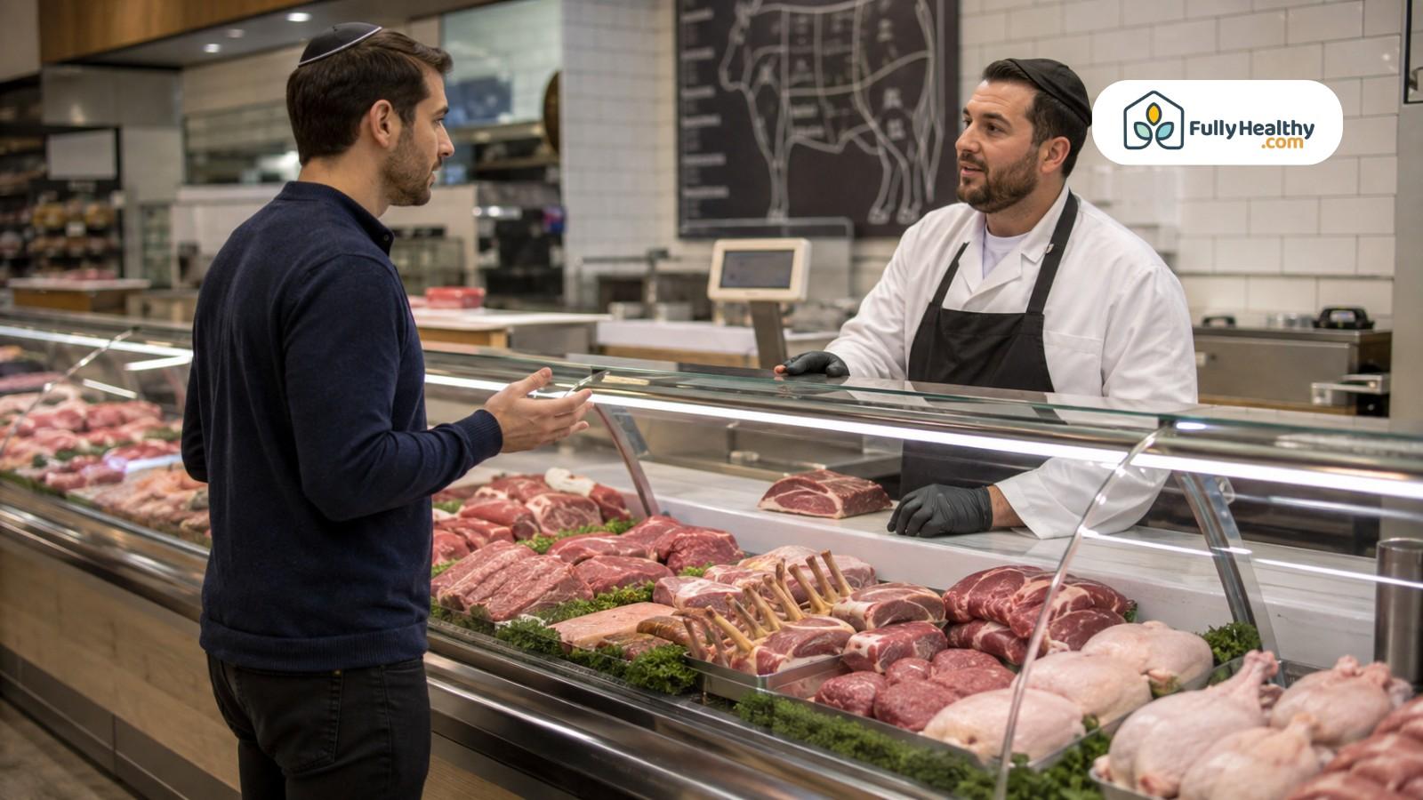 Shopper consulting butcher about kosher meat selection at supermarket butcher counter