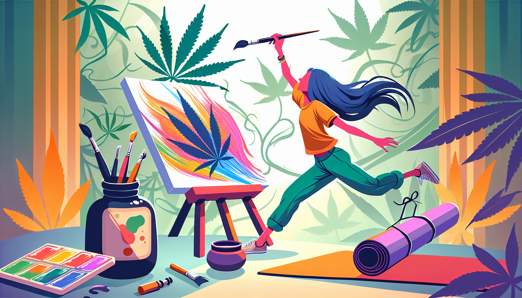 An illustration showing a person engaging in daily activities enhanced by microdosing cannabis.