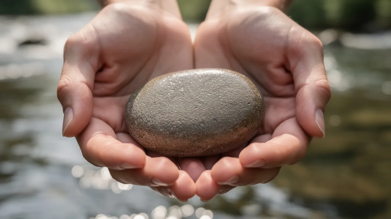 An image depicts a pair of hands gently holding a smooth river stone, symbolizing the importance of grounding and emotional regulation in trauma informed care practices. This simple yet powerful gesture reflects the significance of creating a safe space for individuals to process their experiences and promote resilience in their mental health journey.