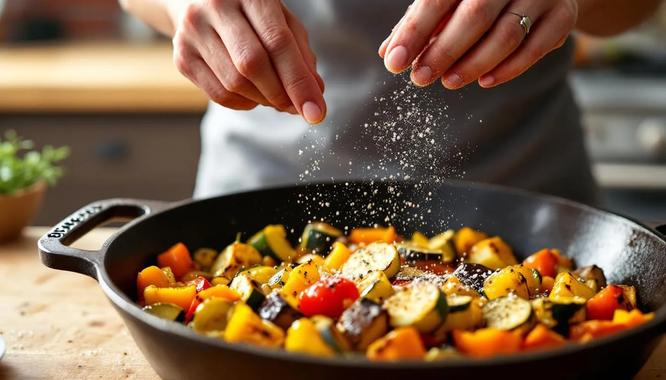 A chef's hands are seen seasoning a colorful array of roasted vegetables in a cast iron pan, which have been cooked in golden macadamia oil, known for its high smoke point and health benefits, including heart health and moisturizing properties. The vibrant vegetables glisten as the chef expertly adds spices, enhancing their flavor and nutritional value.