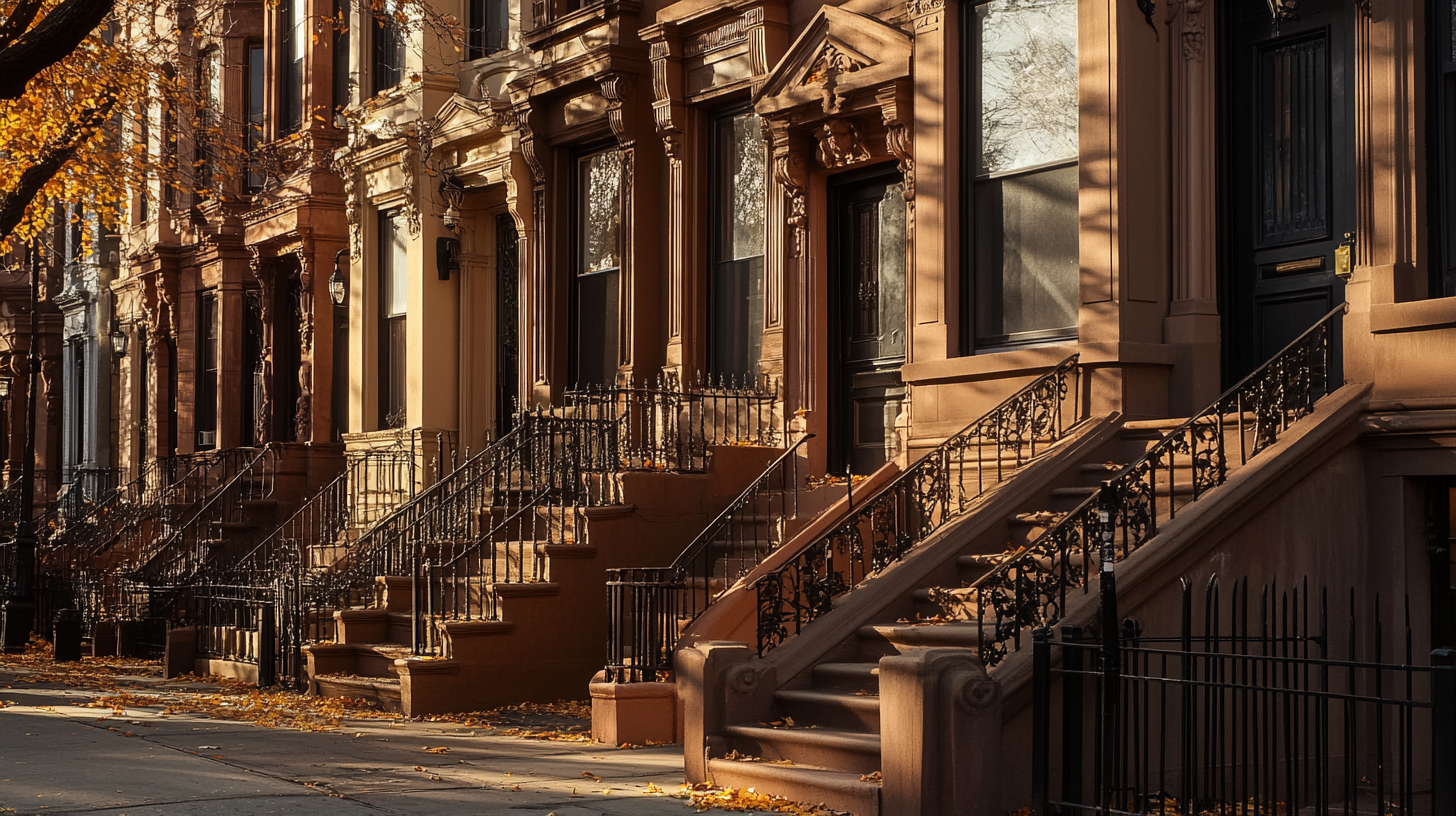 Brooklyn brownstone street in soft autumn light, the kind of neighborhood where many New York couples seek relational support.