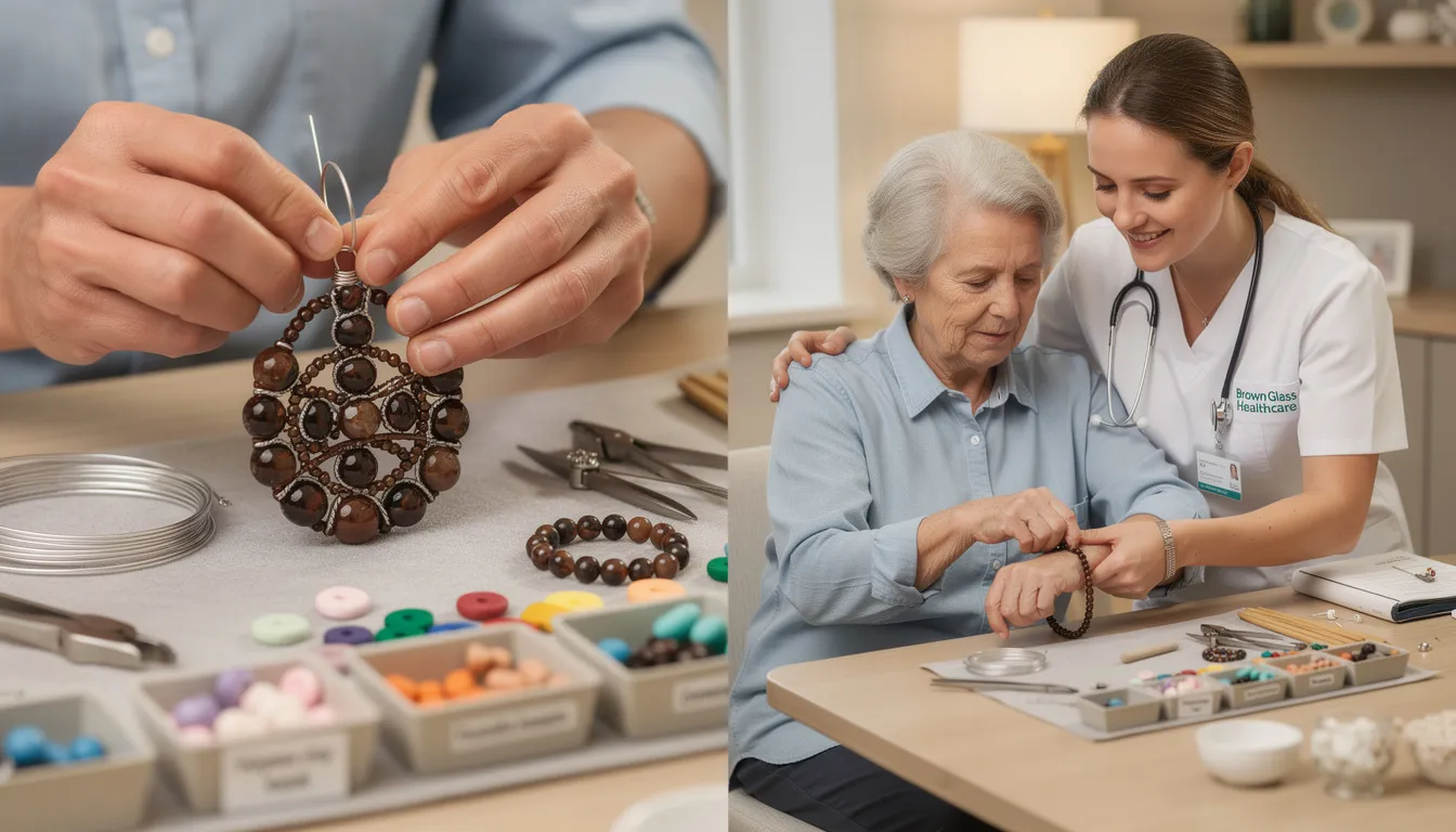 The image showcases a variety of jewellery-making materials, including brown beads, polymer clay beads, and ceramic beads, emphasizing their beauty and versatility. Wire wrapping techniques are demonstrated, illustrating how to create secure and stylish designs that are ideal for long-lasting creations.