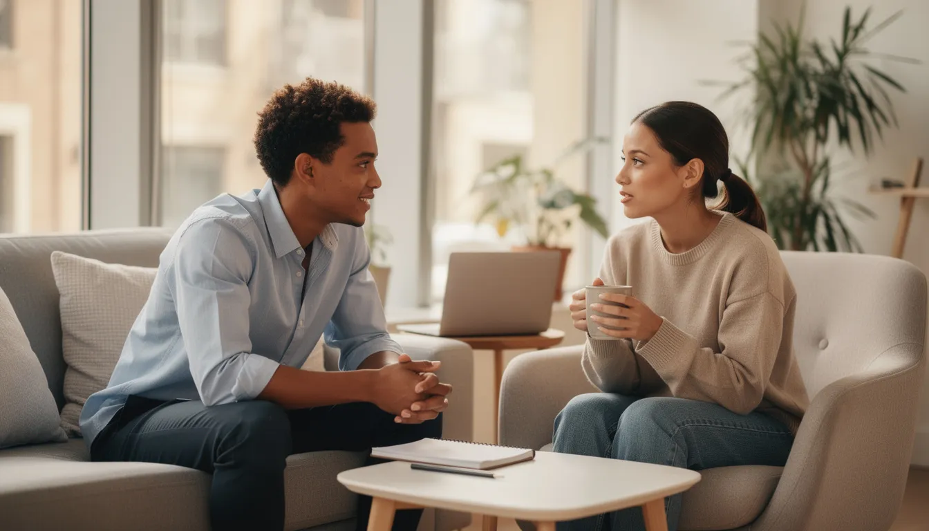 In a bright and comfortable office setting, two individuals engage in a supportive conversation, discussing how to overcome fear of failure and the importance of maintaining a growth mindset. Their dialogue emphasizes self-compassion and the value of accepting mistakes as a key part of professional growth and personal well-being.