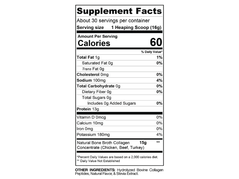 An image showing the nutritional profile of Gaspari Nutrition's bone broth collagen supplement (natural vanilla).