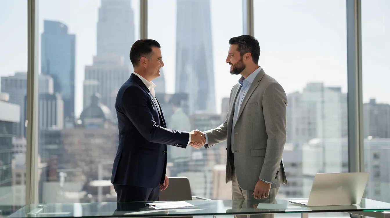 Two professionals are shaking hands in a modern office, with a panoramic view of a city skyline through large glass windows behind them. This scene symbolizes collaboration in the oil and gas industry, highlighting the importance of partnerships in energy transactions and asset acquisitions.