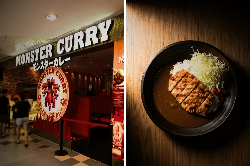 Side-by-side images showing the brightly lit storefront of Monster Curry in a Singapore mall on the left, and a top-down view of their signature crispy pork katsu curry with white rice and shredded cabbage in a dark bowl on the right.