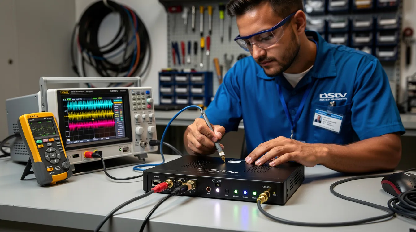 A technician is diagnosing the communication of a DStv decoder, using specialized testing equipment while surrounded by various decoder models, including the DStv Explora and HD PVR. The setup features coaxial cables and a satellite dish, indicating a thorough examination to ensure proper connection and access to TV channels for the whole family.