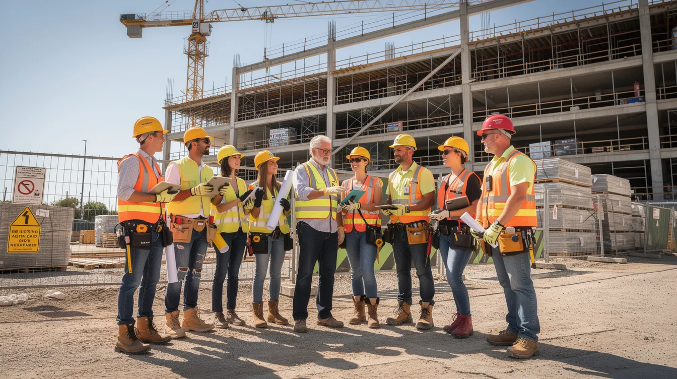 A group of construction apprentices stands alongside their mentor near a commercial building under construction, showcasing their commitment to the construction industry. This scene highlights the importance of apprenticeship programs in developing skilled trades and preparing students for rewarding careers in construction management and project management.