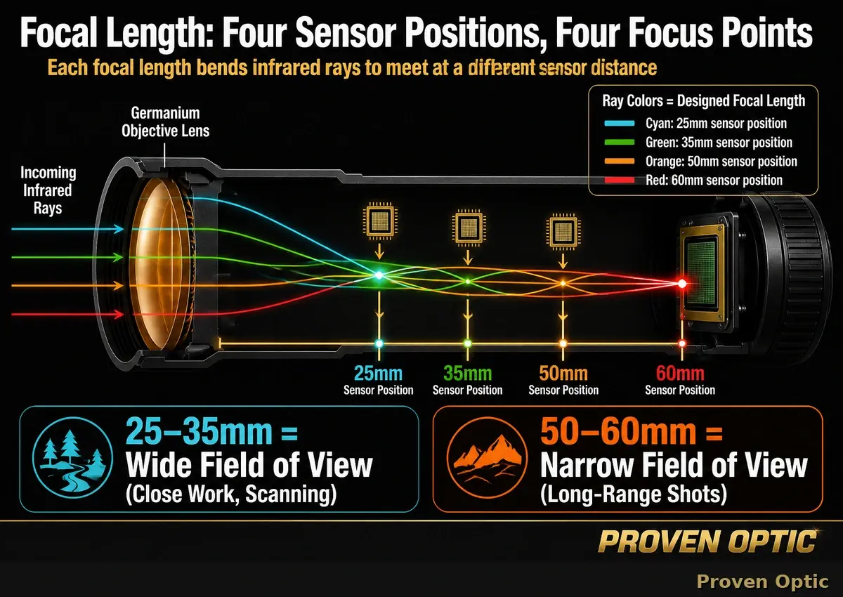 An image of how focal length is placed inside a thermal optic and the trade-off between FOV and length of detection.