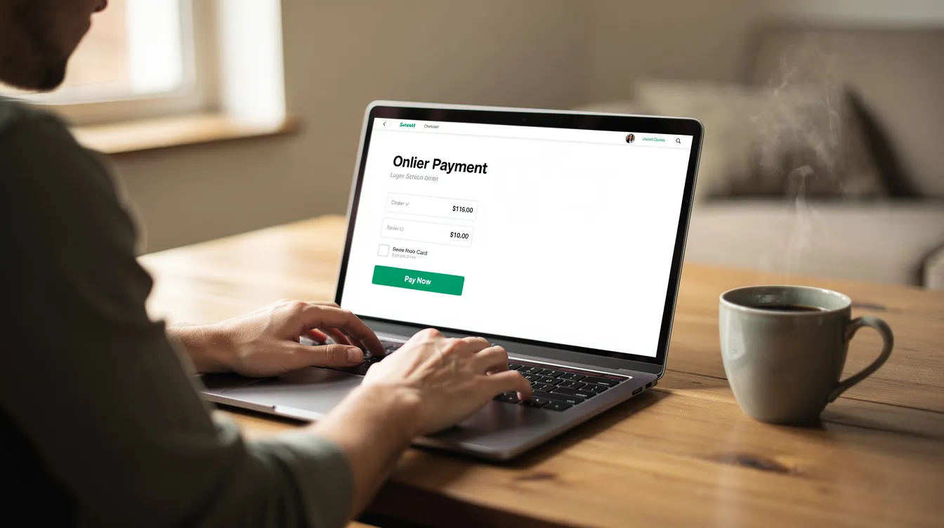 A person is sitting at a desk, focused on completing an online payment on their laptop, with a coffee cup placed nearby. The scene suggests a casual yet productive atmosphere, potentially involving transactions related to a bank account or trading.