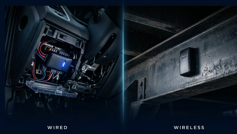 Side-by-side comparison of a wired GPS tracker installed under a vehicle dashboard versus a wireless GPS tracker magnetically mounted on a trailer &mdash; wired vs wireless GPS trackers comparison image