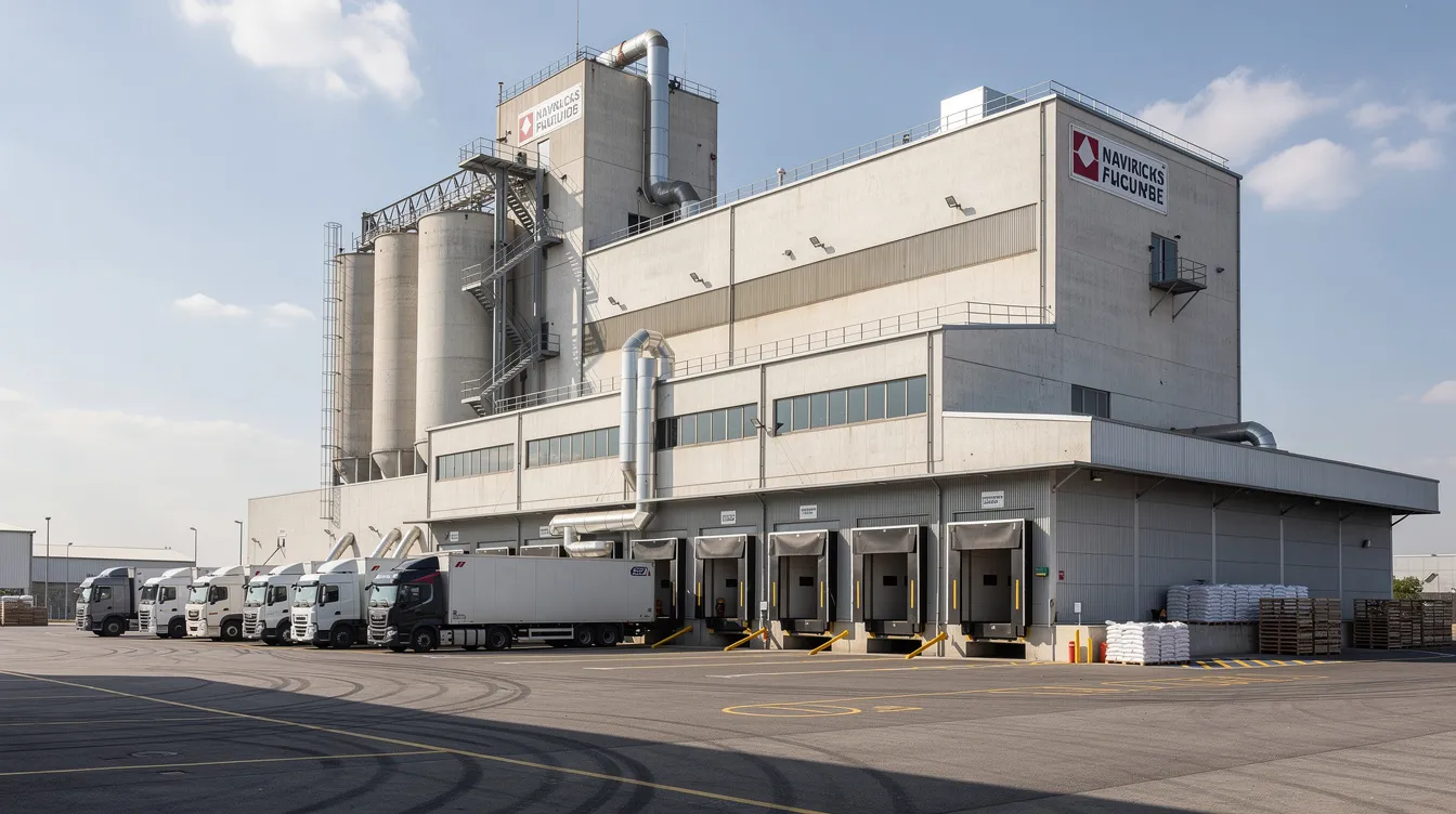 The image depicts a multi-storey industrial flour mill building, showcasing its exterior with several loading trucks parked outside, ready to transport wheat and milled products. This setting highlights the operational aspect of the flour milling process, emphasizing the scale and functionality of the roller flour mill.