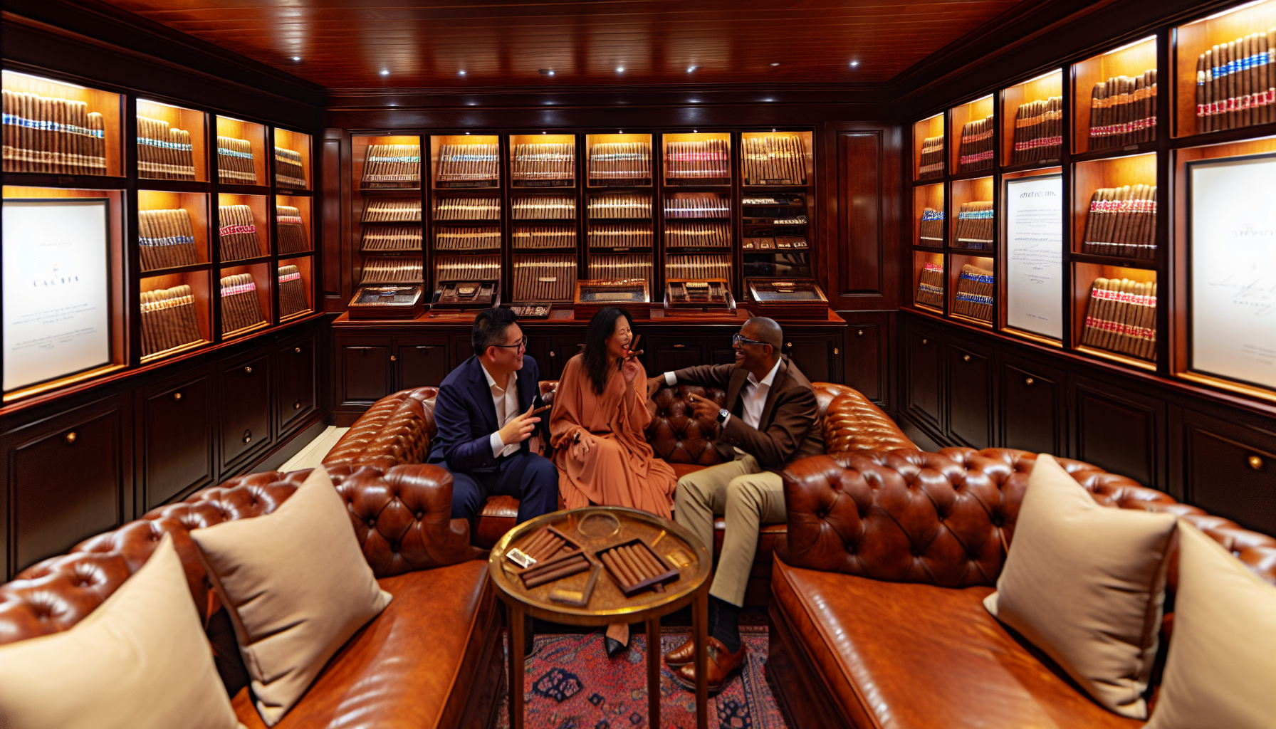 A private humidor and lounge area with plush leather sofas at a cigar establishment