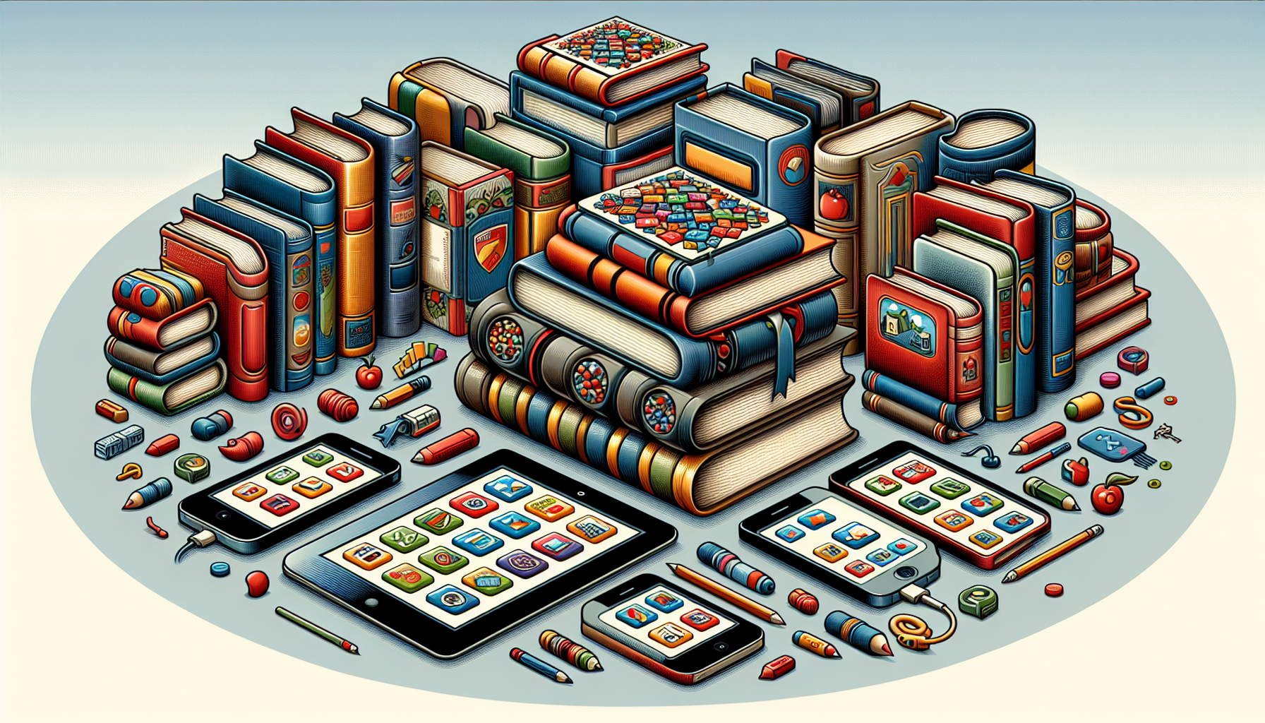 Ilustración de libros y dispositivos electrónicos