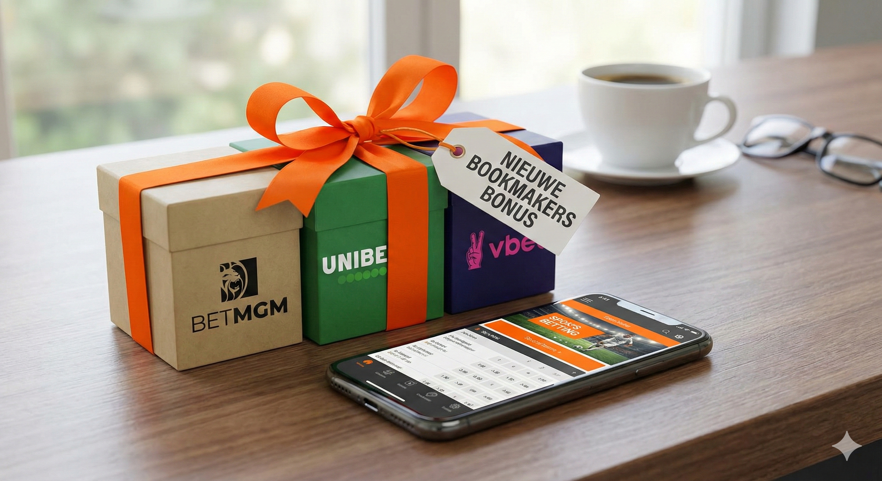 Cadeaudozen met logo’s van BetMGM, Unibet en Vbet met label “nieuwe bookmakers bonus” naast een smartphone met betting app op tafel.