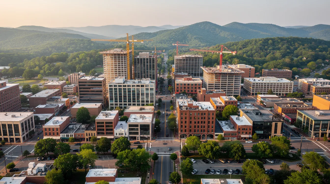 An aerial view showcases a mid-size Tennessee city, prominently featuring construction cranes along the skyline, indicative of active projects in the construction industry. In the background, lush green hills enhance the scene, reflecting the region's natural beauty while highlighting the workforce development opportunities in construction trades.