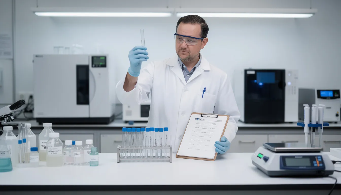 A laboratory scientist is attentively examining test tubes and reviewing documentation on a modern lab bench, surrounded by advanced analytical equipment. This scene highlights the importance of lab test results in assessing the quality of NMN supplements and ensuring cellular health.