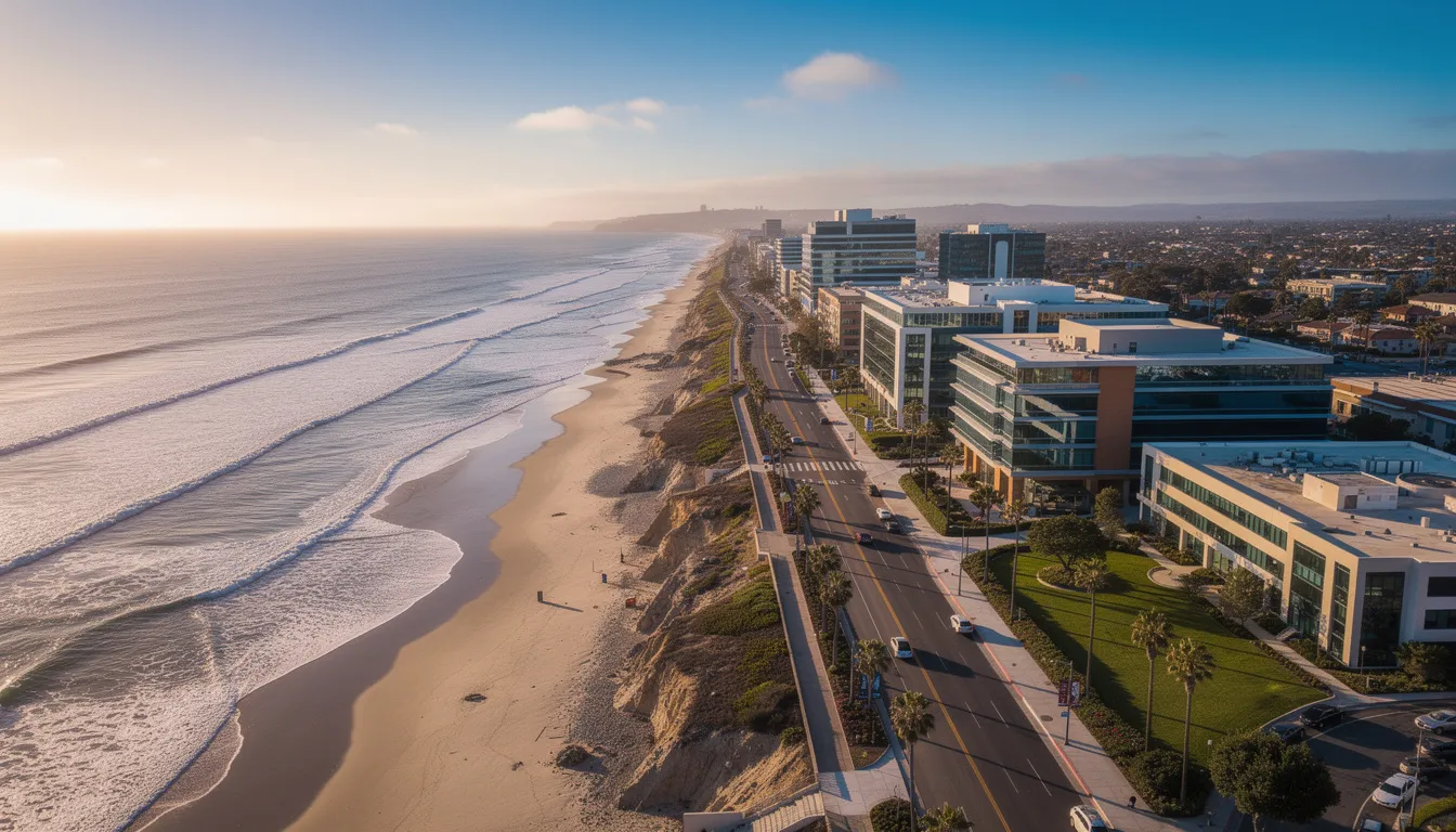 The image showcases a scenic view of the Carlsbad, California coastline, where professional buildings stand along the shore, reflecting the vibrant community. This picturesque setting highlights the importance of legal guidance in estate planning and trust administration for families and beneficiaries in San Diego County.