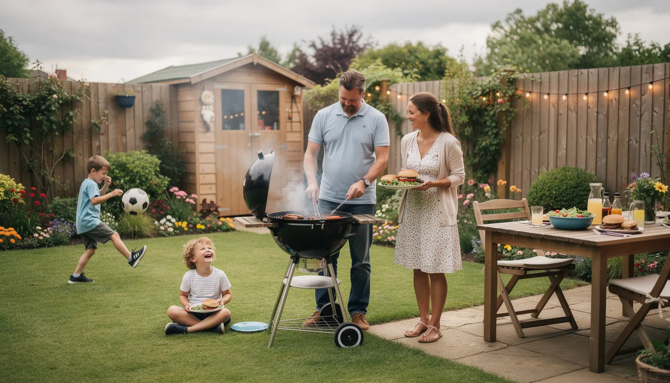 A family enjoys a barbecue on a lush green lawn in a UK garden, surrounded by vibrant plants and a cozy atmosphere. The healthy lawn showcases the results of regular maintenance and lawn care, creating a perfect setting for their outdoor gathering.