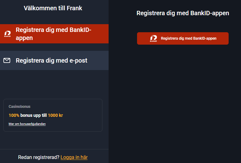 Registrering hos Frank Casino med BankID eller e-post.