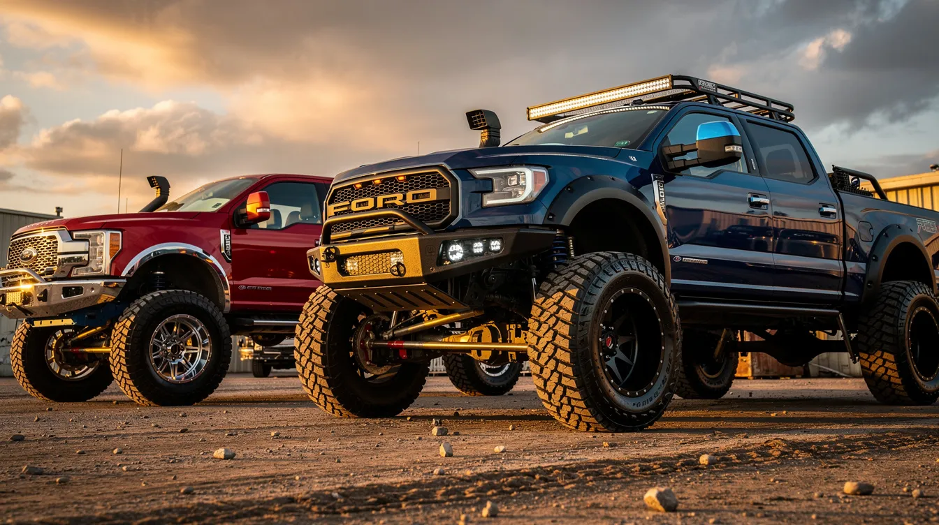 The image showcases a variety of custom trucks, highlighting unique truck accessories such as running boards and tonneau covers that enhance both the exterior and functionality of each vehicle. This vibrant display invites viewers to visualize their own customized ride, reflecting personal style and preferences.