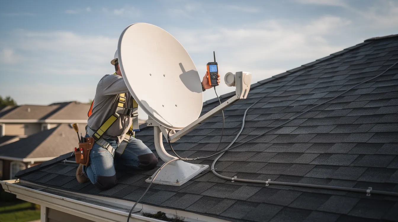 A professional technician is carefully aligning a satellite dish on a residential rooftop, holding a signal meter to ensure optimal satellite signal quality. This installation process is essential for setting up a DSTV decoder, allowing access to various channels and streaming options.