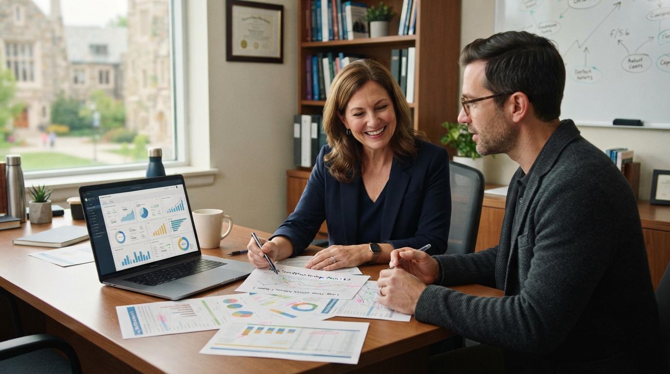 Photorealistic educator and academic administrator collaborating over a laptop and printed reports in a university office, emphasizing scalable educational technology planning and long-term value.