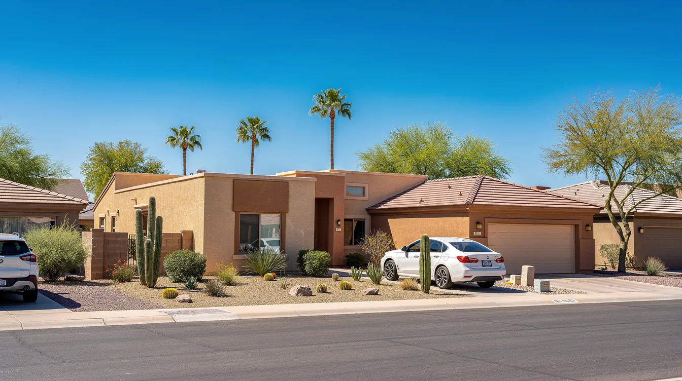 The image depicts a row of stucco residential homes in a Phoenix, Arizona neighborhood, set against a bright blue desert sky. These typical homes reflect the local architecture and are situated in an area where plumbing services, such as drain cleaning and water heater installation, are essential for maintaining indoor plumbing systems.