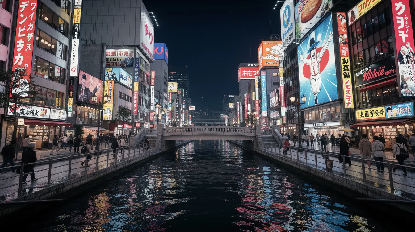 The image depicts a vibrant nighttime cityscape in Osaka's Dotonbori district, where colorful neon signs illuminate the surroundings and reflect on the tranquil canal, creating a lively and cinematic atmosphere reminiscent of a movie scene. The bustling energy of the area captures the essence of urban life, inviting viewers to explore its stories and characters.
