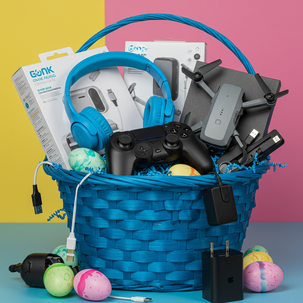 Super easy teenage boy basket. Shop for electronice of course and don't forget something tasty for the most part. 