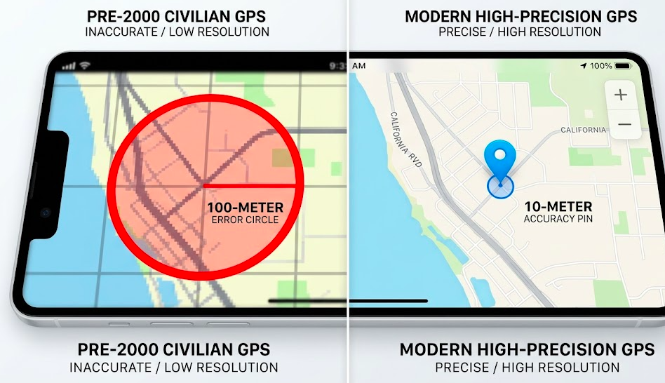 GPS accuracy comparison before and after Selective Availability was terminated on May 1, 2000,  improving from 100 meters to 10 meters