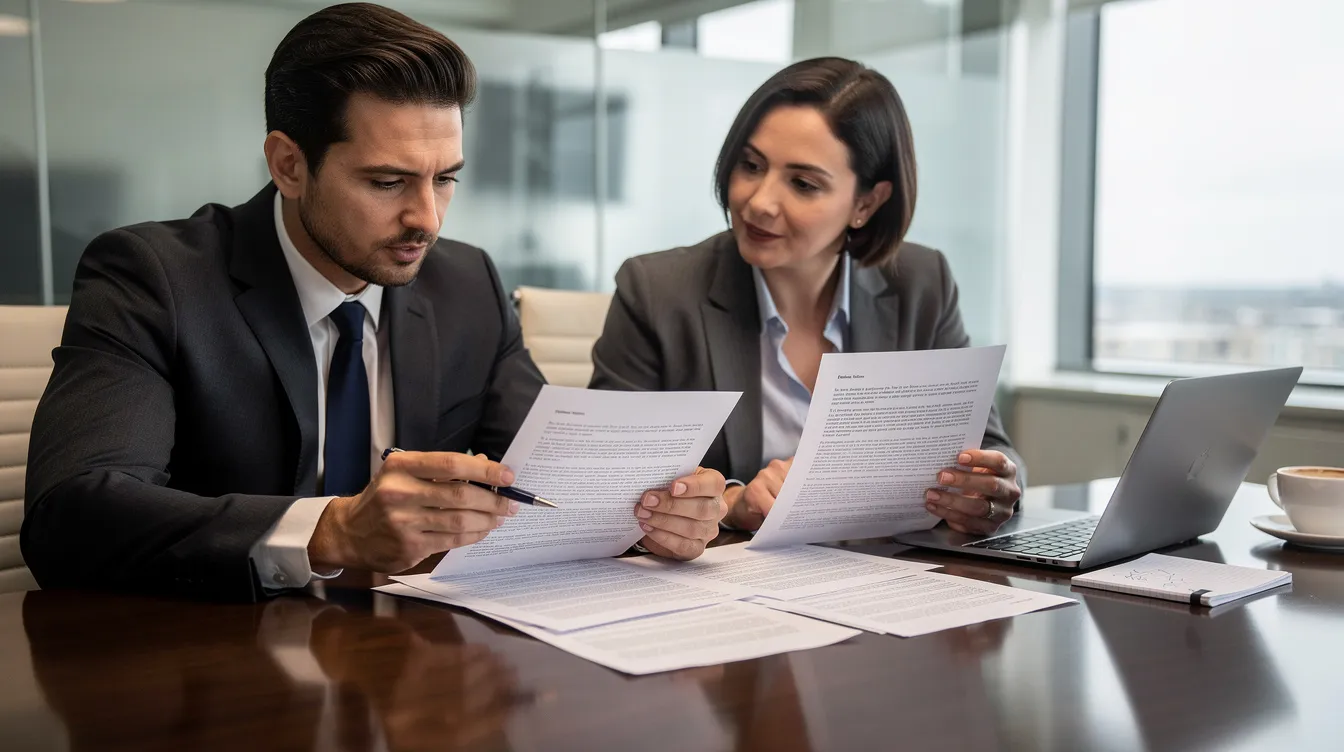 A lawyer and client are seated at a conference table, reviewing important documents related to a social security disability claim. The atmosphere is focused as they discuss the necessary documentation and medical records required to qualify for SSDI benefits, ensuring a thorough understanding of the application process.