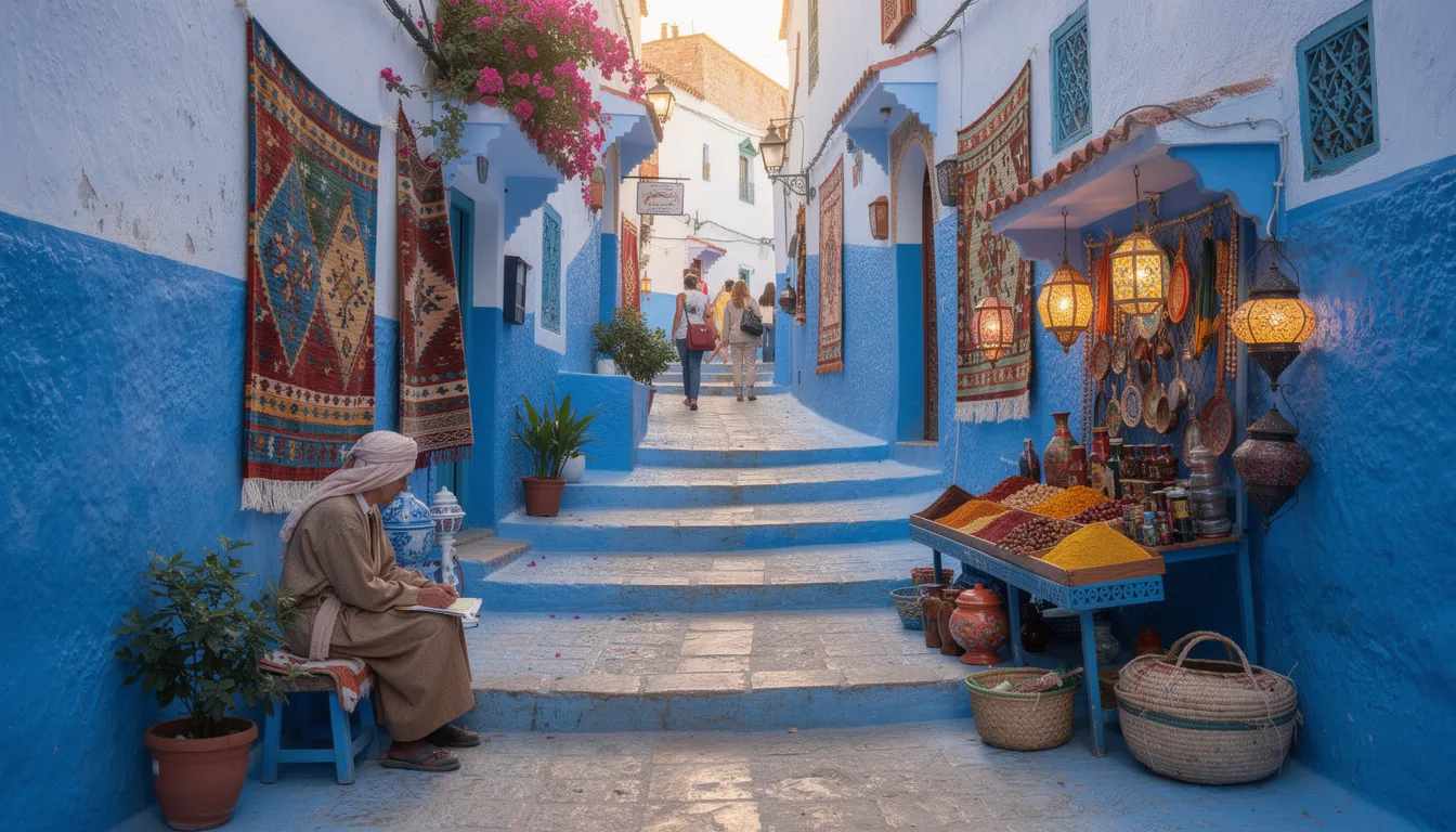 The image captures the enchanting blue streets of Chefchaouen, where local vendors display their colorful goods amidst the charming cobbled pathways. This vibrant scene reflects the lively atmosphere of this fascinating city, part of the travel experience in Spain, Portugal, and Morocco.