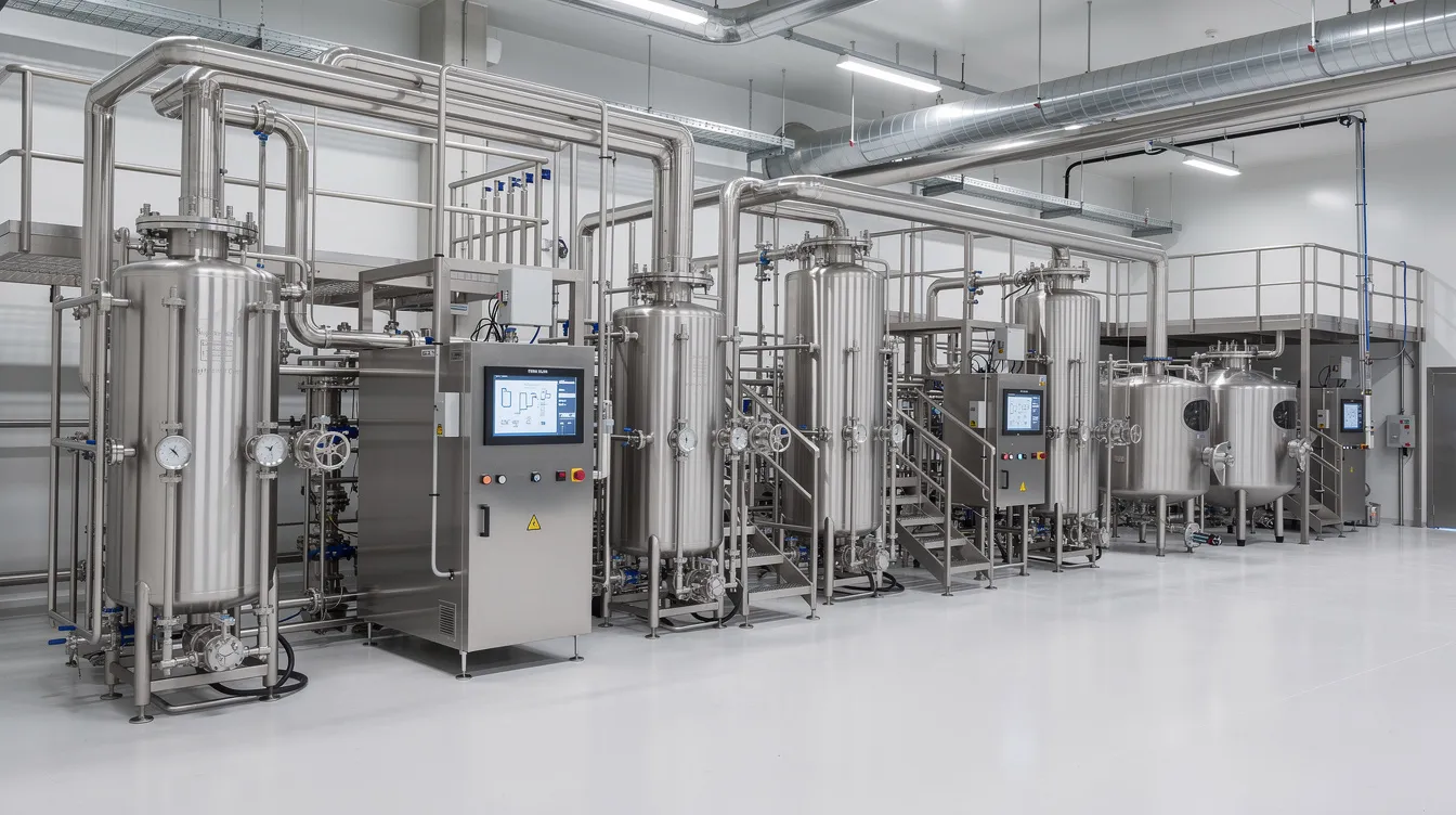 7ba1a5cc b520 48df a191 d580e6e01fc6 The image depicts a modern dairy factory featuring stainless steel UHT milk processing equipment, showcasing the advanced production processes in the dairy industry. This sophisticated machinery is essential for ensuring operational efficiency and quality control, crucial for managing working capital and meeting the demands of milk producers.