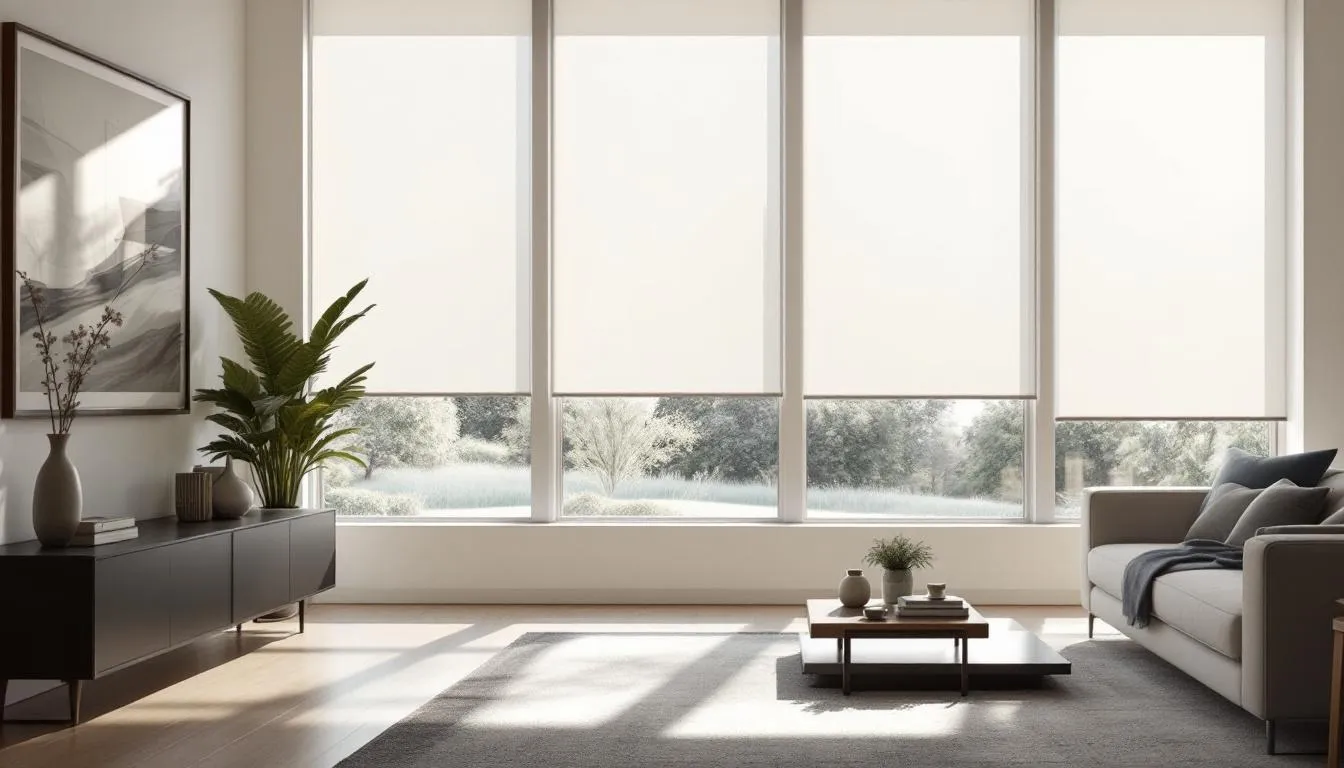 In a modern living room bathed in natural light, smart shades elegantly cover the windows, showcasing their compatibility with smart home devices. The setup illustrates a seamless integration of smart home accessories, enhancing both the aesthetics and functionality of the space.