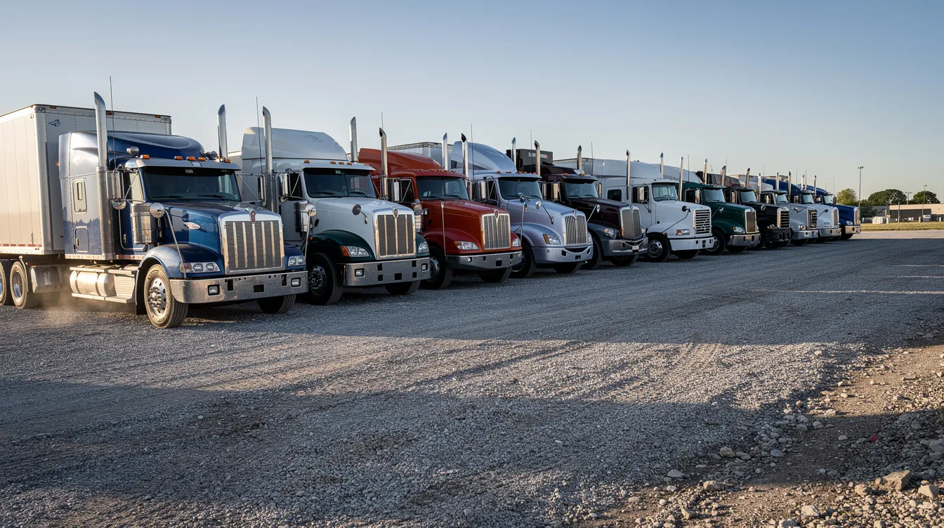 A row of heavy duty commercial trucks is parked side by side on a gravel lot, with clear skies overhead. This scene showcases a variety of trucks for sale, perfect for business owners in New Jersey looking to meet their specific needs.