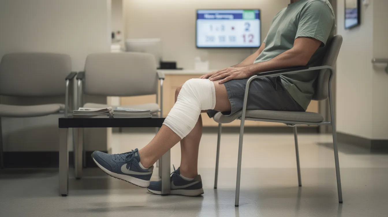 The image shows a person sitting in a medical waiting room with a bandaged knee, indicating they may have suffered a serious injury, possibly from an accident. This scene highlights the importance of seeking legal assistance from an experienced personal injury attorney in Colorado Springs to navigate personal injury claims and recover compensation for medical expenses.