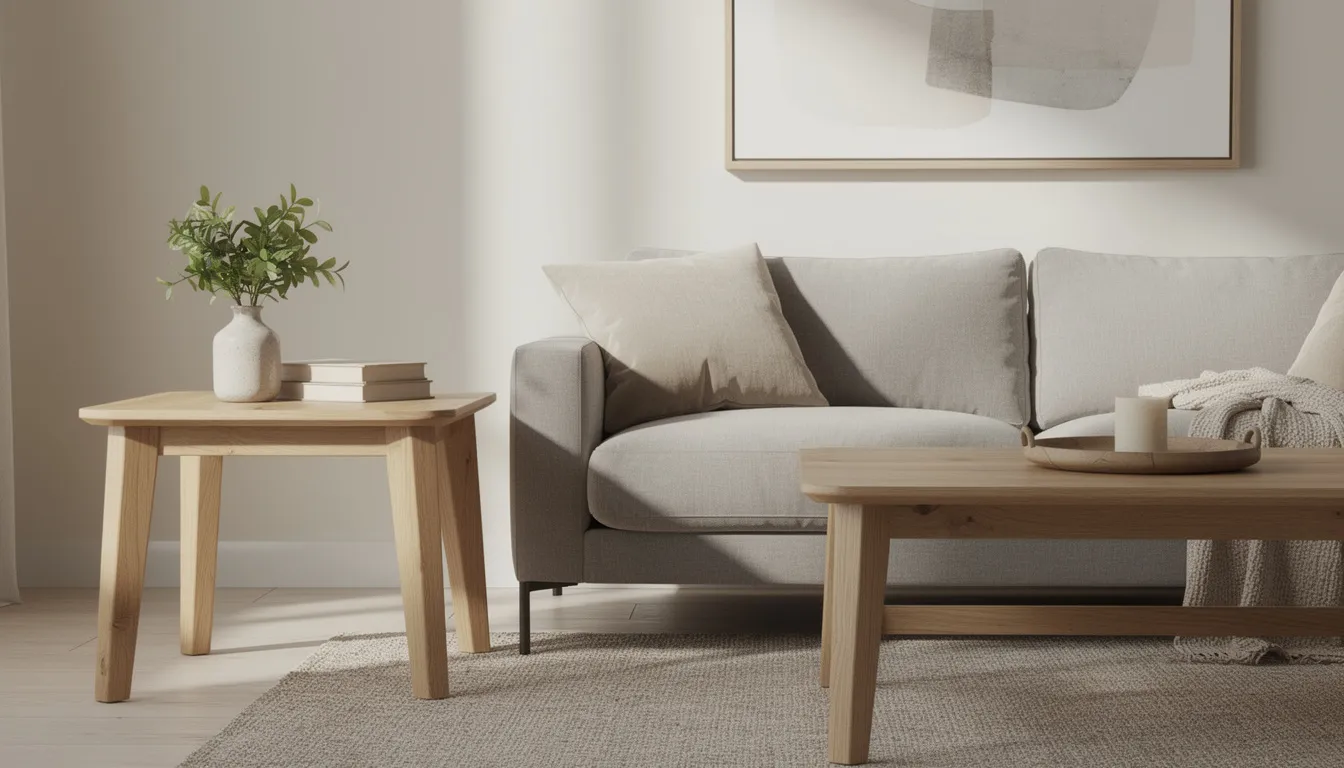 The image depicts a cozy living room corner featuring a stylish oak timber side table positioned next to a comfortable sofa, with a matching oak coffee table visible in the background. This arrangement showcases how to mix and match furniture to create a cohesive look in your living space.