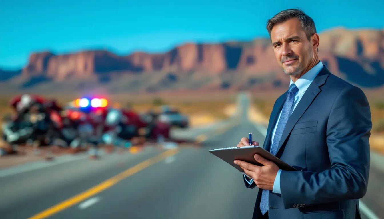 An attorney stands at the scene of a truck accident in New Mexico, with police lights flashing in the background and a scenic landscape behind them. The image captures the lawyer investigating the crash site, emphasizing the seriousness of truck accidents and the importance of thorough investigation for potential truck accident claims.