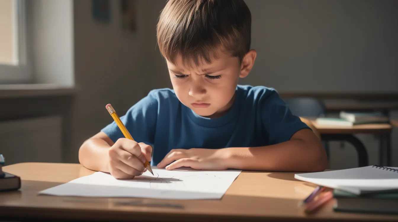 A child sits at a desk, visibly frustrated as they stare at a mostly blank sheet of paper, with a pencil in hand, struggling to express their ideas for a writing assignment. This scene highlights the challenges of written expression difficulties, where the child grapples with translating thoughts into written form.