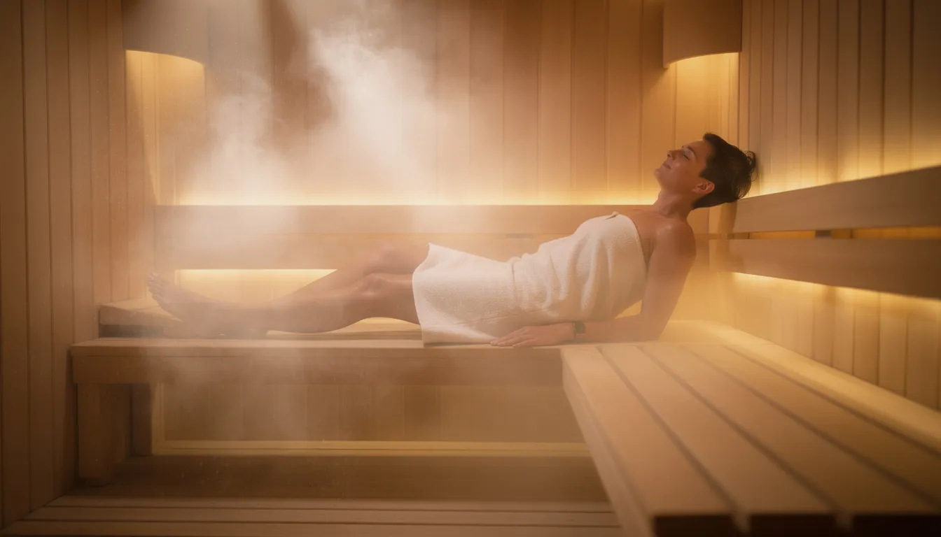 A person is relaxing on a wooden bench inside a well-lit sauna room, surrounded by visible steam in the air, creating a serene atmosphere for a quality sauna experience. The warm environment is enhanced by a sauna heater, ensuring proper heat distribution and humidity for ultimate relaxation.