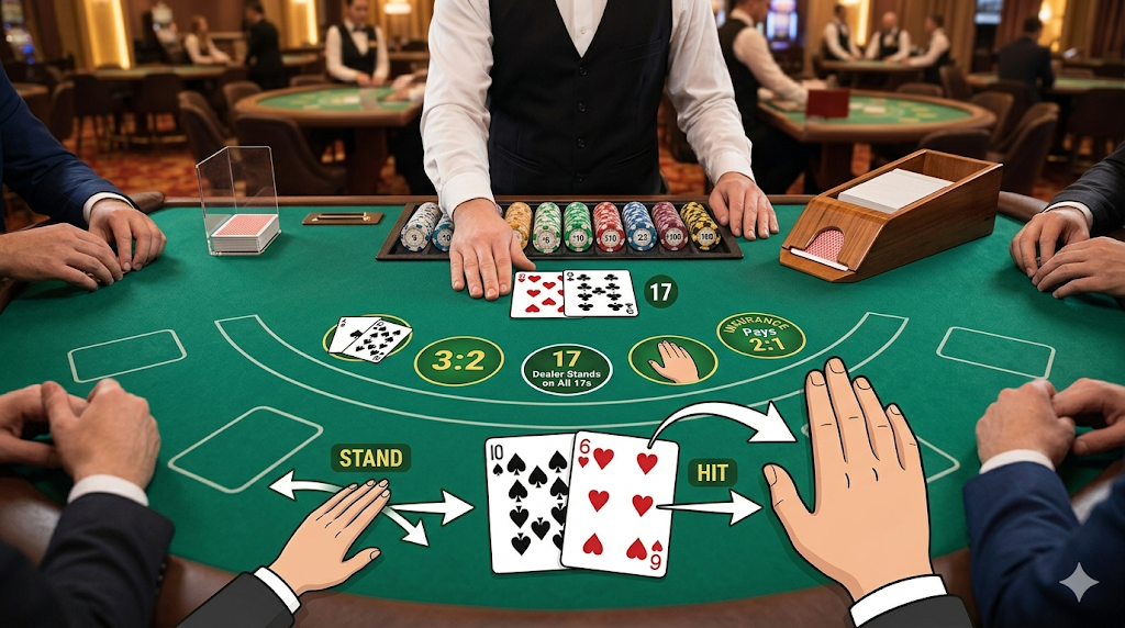 Live blackjack bord där spelaren får två kort och väljer att ta kort eller stanna mot dealern
