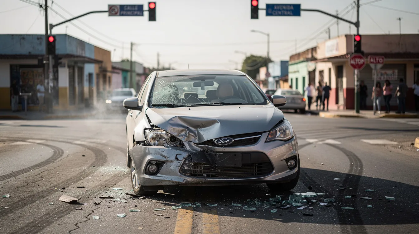 La imagen muestra un auto dañado tras un choque en una intersección, con evidentes abolladuras y vidrios rotos. Este accidente resalta la importancia de tener una póliza de seguro de auto adecuada que cubra los daños a la propiedad y la responsabilidad civil por lesiones.