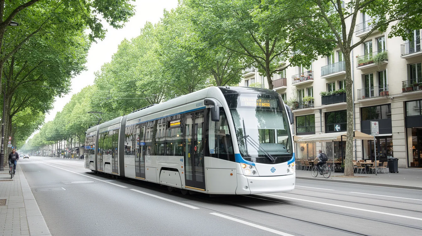 A modern European tram glides along a tree-lined street in a vibrant city, showcasing the seamless integration of public transport in daily life. This image reflects the charm of Luxembourg City, a popular expat destination in Europe, where residents navigate the urban landscape while enjoying the surrounding greenery.