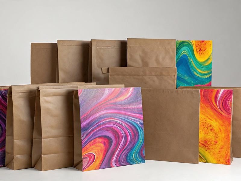 Several brown paper bags, some with bright, colorful swirls and patterns in pink, purple, orange, yellow, blue, and green, standing together in different sizes.