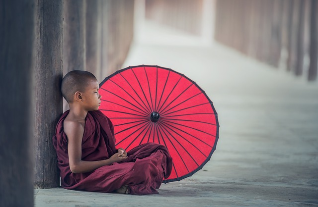 boy, monk, umbrella