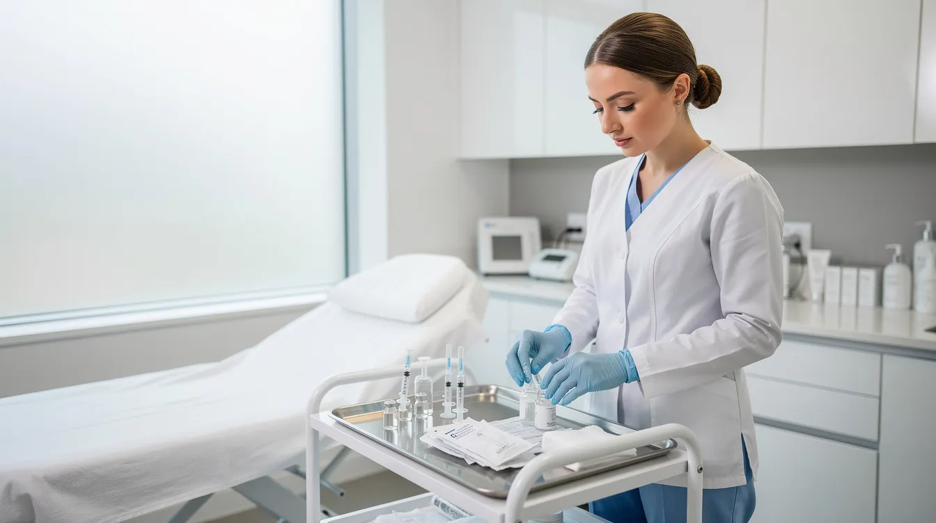 An aesthetic clinician is seen preparing various treatment supplies in a clean, well-organized medical room, ready for procedures such as non-surgical buttock augmentation and fat transfer. The clinician's focus on cleanliness and professionalism highlights the importance of safety and effectiveness in cosmetic procedures like the Brazilian butt lift.