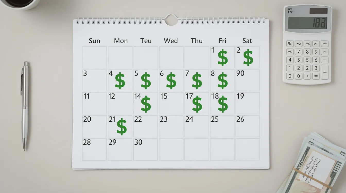 The image depicts a calendar with several payment dates highlighted by dollar signs, indicating when interest payments and additional principal payments are due. This visual aids homeowners in managing their mortgage payments and planning their finances effectively to pay off their mortgage faster.