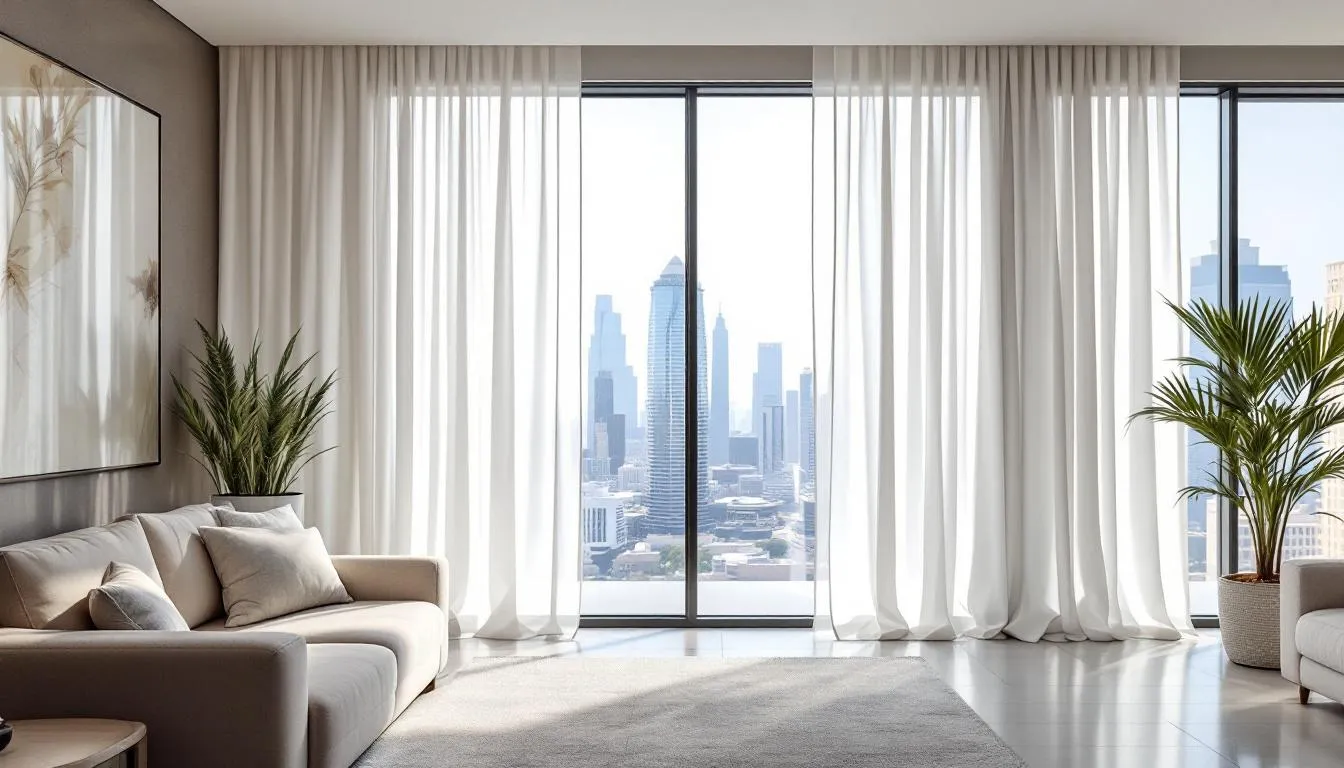 A clean and bright room showcasing professionally cleaned curtains, highlighting curtain cleaning services in Dubai.
